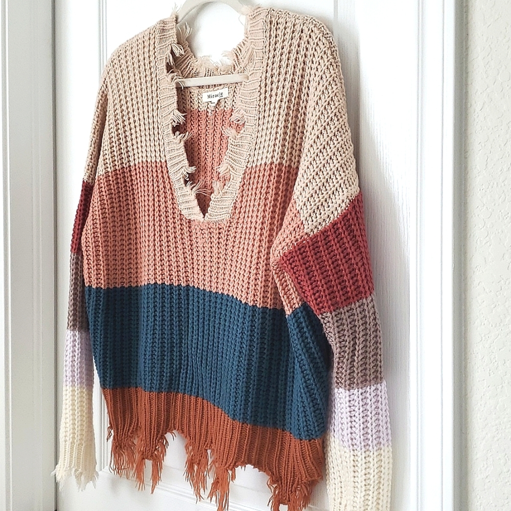 Women's Chunky Oversized V-Neck Fringe Destroyed Sweater in Cream, Rust, Teal